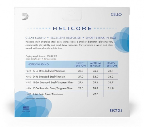 Струны D'Addario H510 4/4M HELICORE CELLO STRING SET 4/4 Scale Medium Tension - JCS.UA фото 3