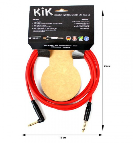 Кабель инструментальный KLOTZ KIK INSTRUMENT CABLE ANGLED RED 3 M - JCS.UA фото 2