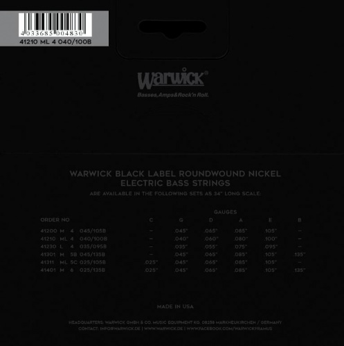 Струны для бас-гитары WARWICK 41210 Black Label, Nickel-Plated, Medium Light 4-String (40-100) - JCS.UA фото 2